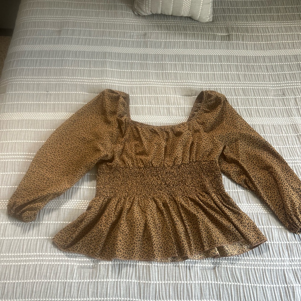 SHEIN Brown Leopard Print Smocked Peplum Blouse